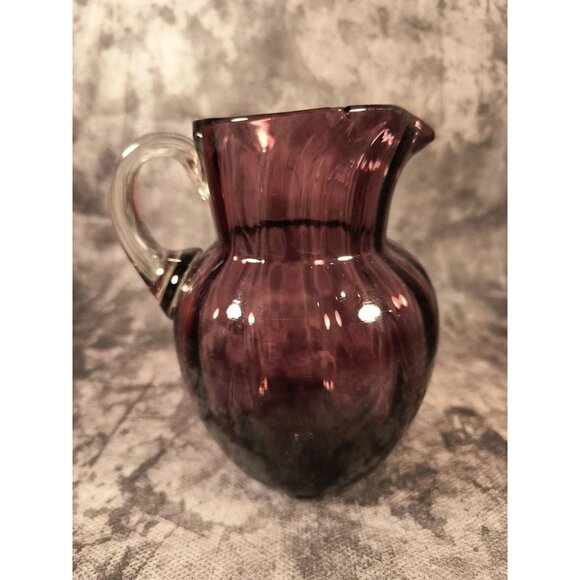 Amethyst Purple Handblown Glass Pitcher With Clear Handle - Picture 4 of 6